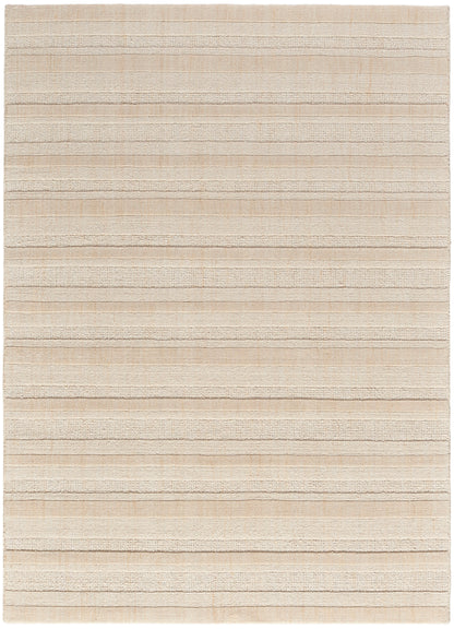 Beige rectangular rug with horizontal striped bands in cream and tan; textured woven surface for modern living spaces.