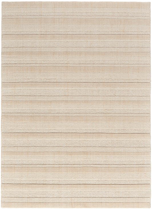 Beige rectangular rug with horizontal striped bands in cream and tan; textured woven surface for modern living spaces.