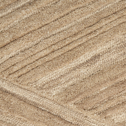 Beige boucle rug with dense loop pile and diagonal striped pattern, suitable for living rooms.