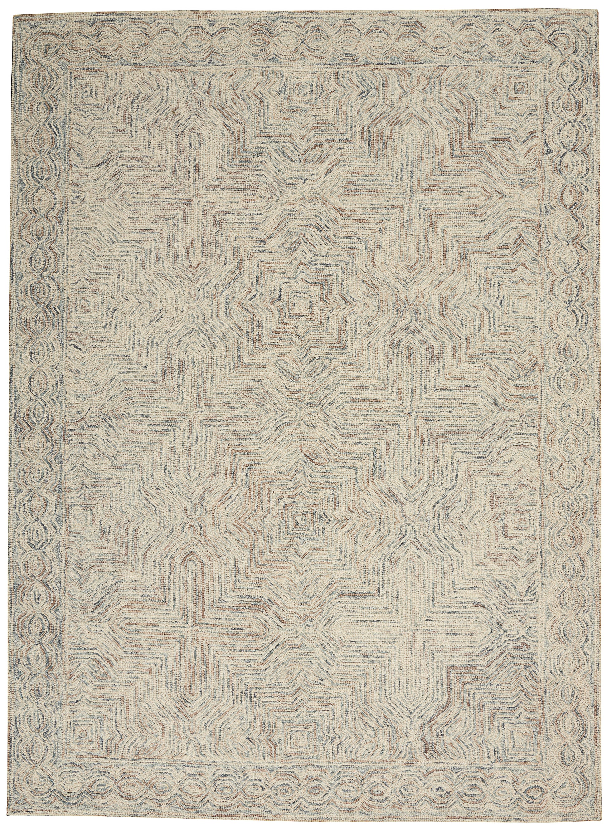Rectangular vintage distressed rug with muted beige and blue-gray geometric medallion pattern and ornate border.