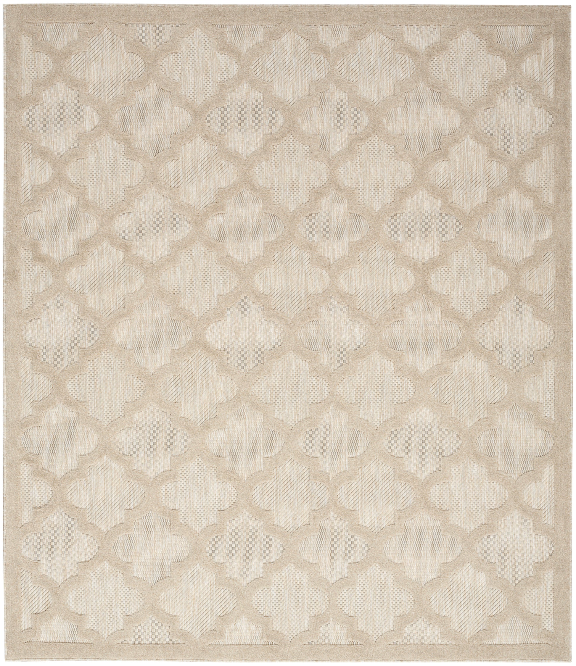 Beige woven area rug with a subtle quatrefoil lattice pattern; soft, neutral and versatile.