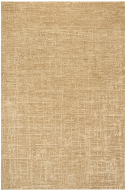 Beige rectangular rug with a soft woven texture and faint grid pattern in tan tones.