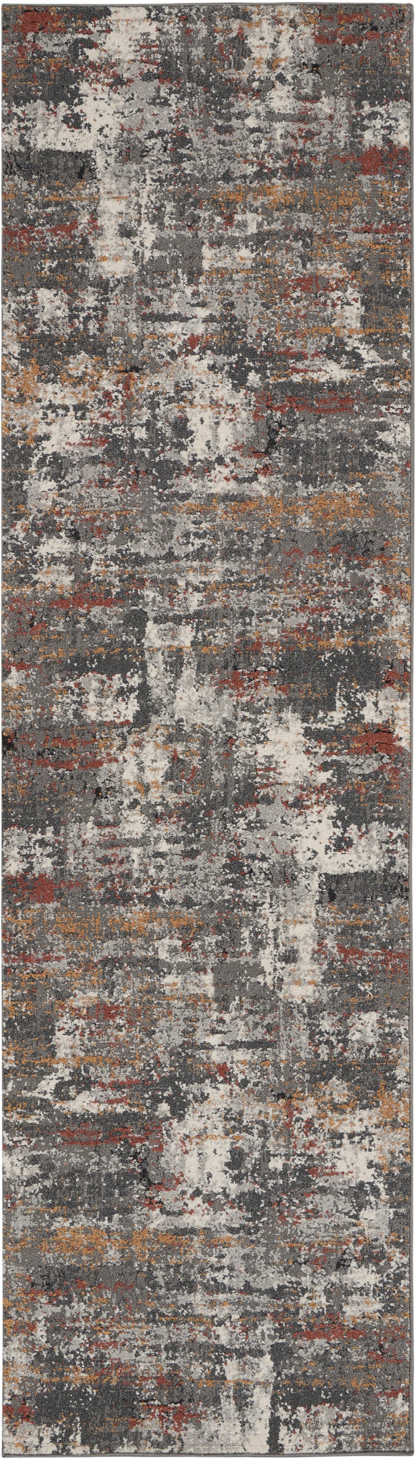 Abstract distressed gray rug runner with white, rust and mustard accents; modern hallway or living room decor.