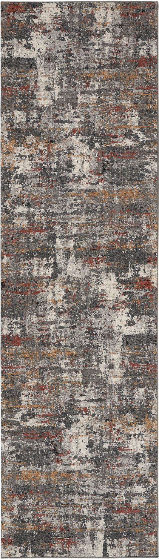 Abstract distressed gray rug runner with white, rust and mustard accents; modern hallway or living room decor.