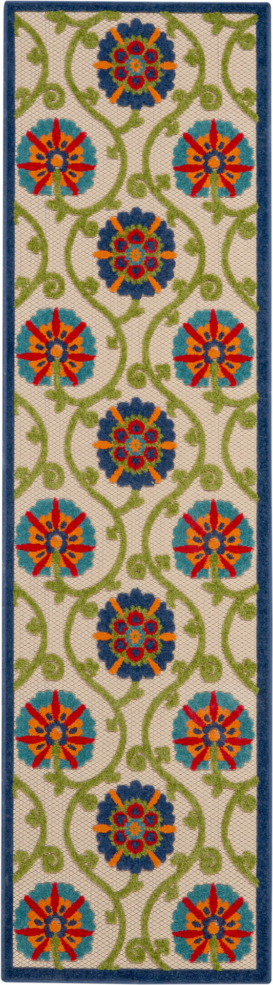 Narrow beige rug runner with green vines and colorful floral medallions in blue, teal, orange, red; navy border.