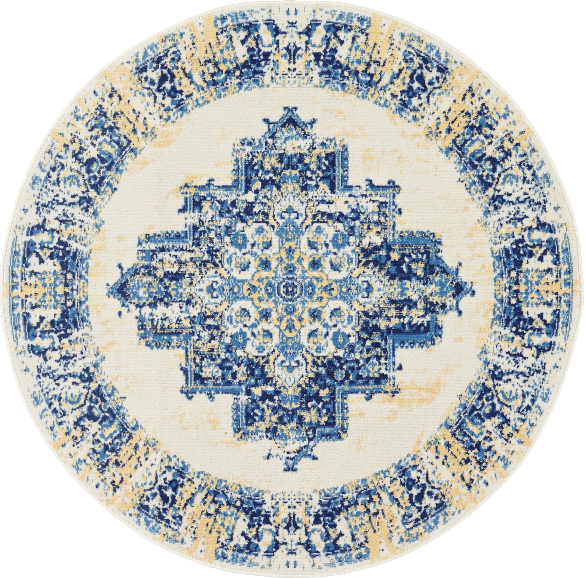 Round 4-foot rug featuring a blue and ivory distressed medallion pattern with tan accents.