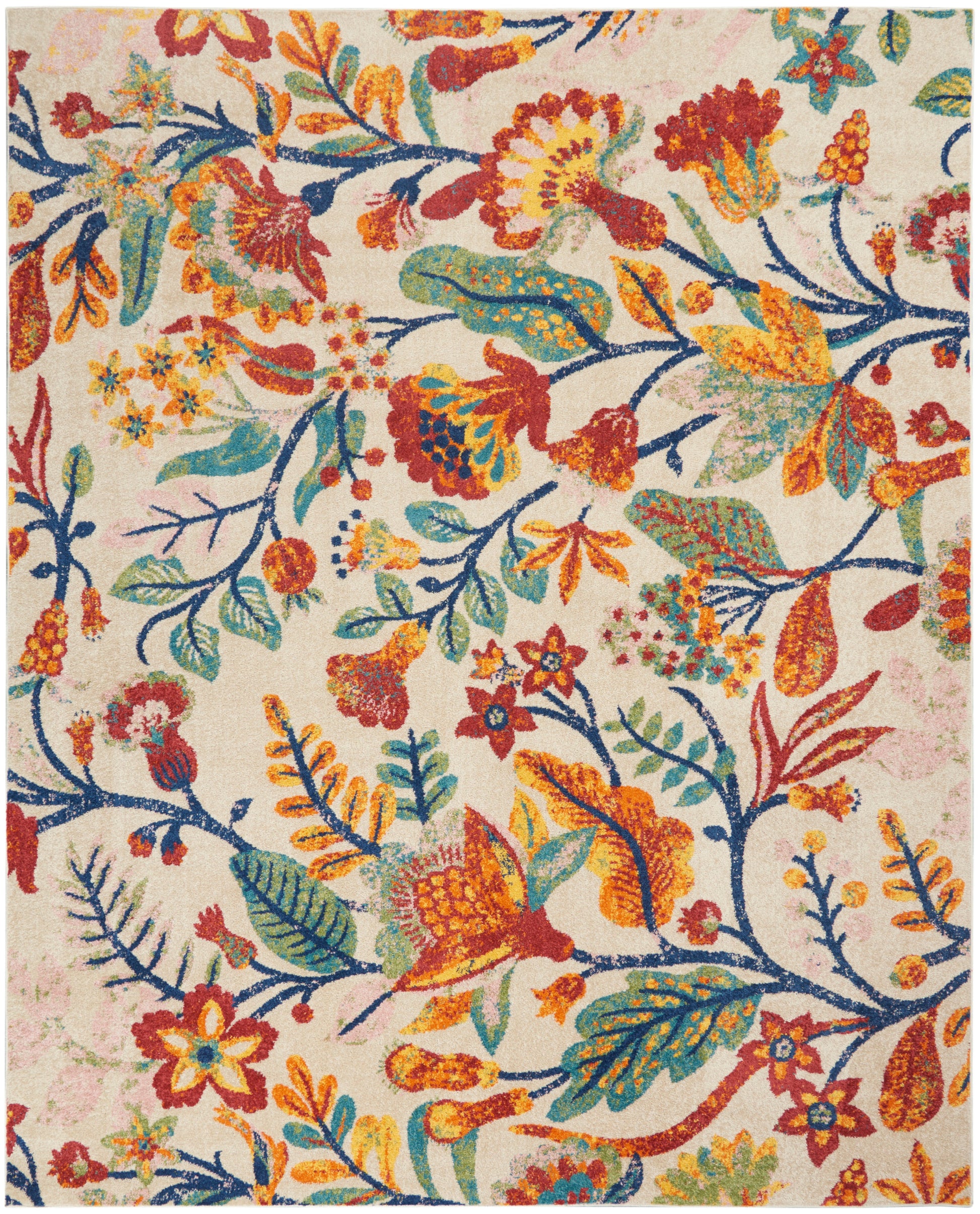 Colorful floral rug with orange, yellow, teal and blue blossoms and leaves on pale pink background.