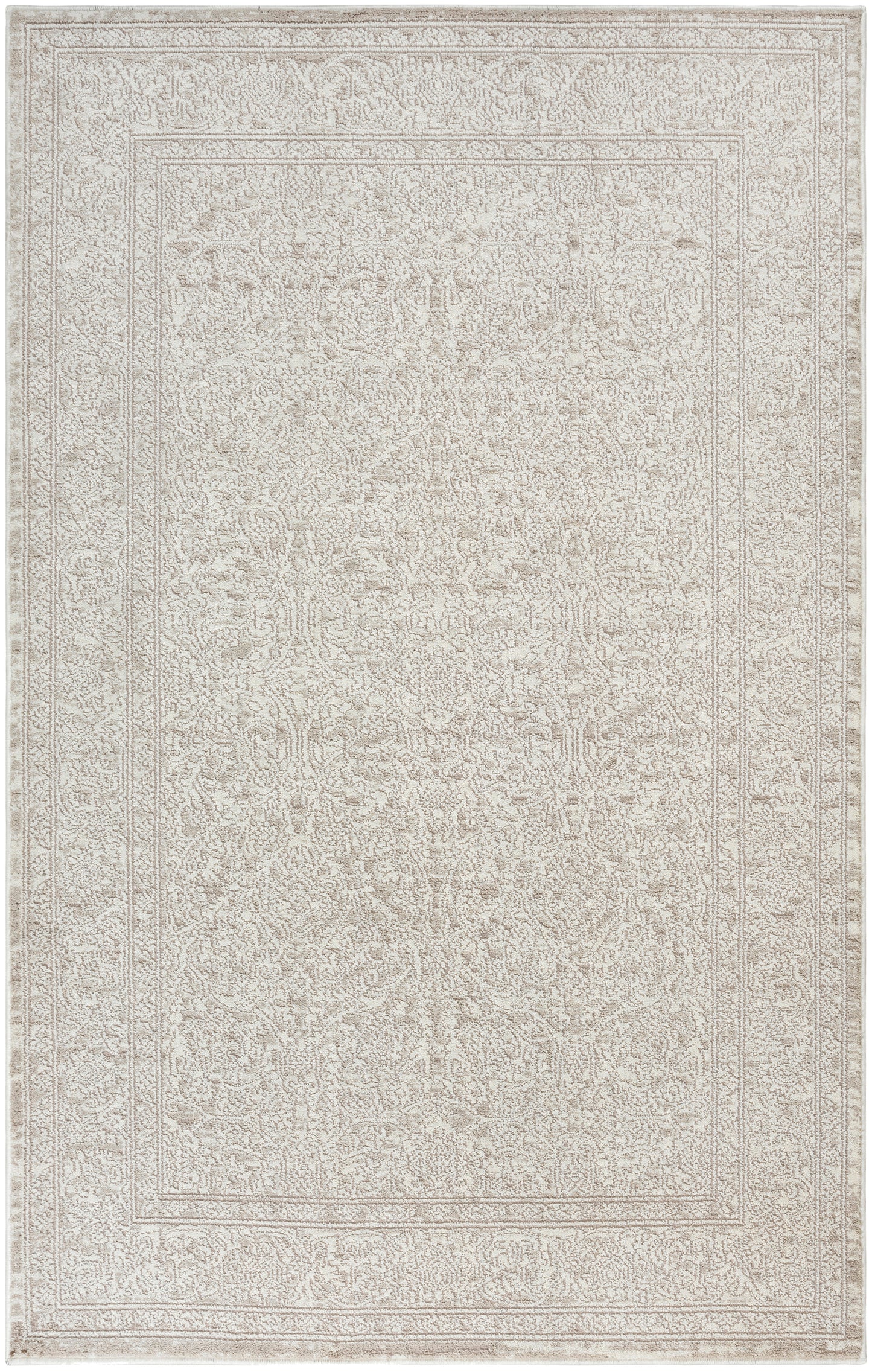 Rectangular neutral beige area rug (5' x 7') with a faded traditional oriental motif in light cream tones.