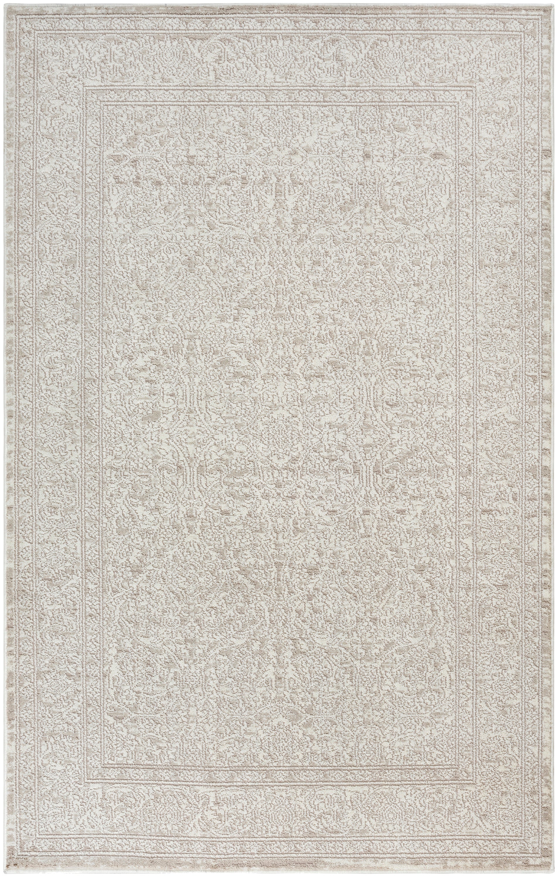 Rectangular neutral beige area rug (5' x 7') with a faded traditional oriental motif in light cream tones.