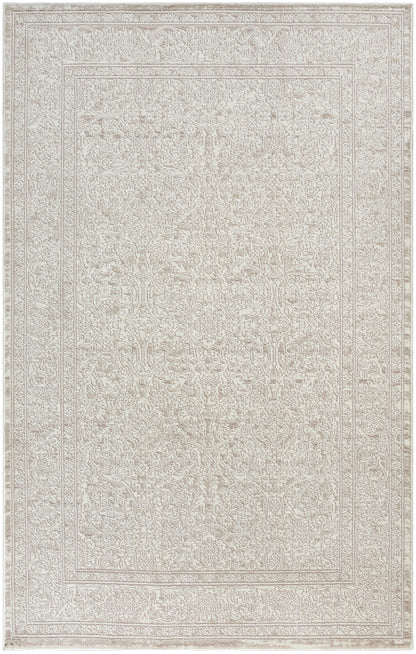 Rectangular neutral beige area rug (5' x 7') with a faded traditional oriental motif in light cream tones.