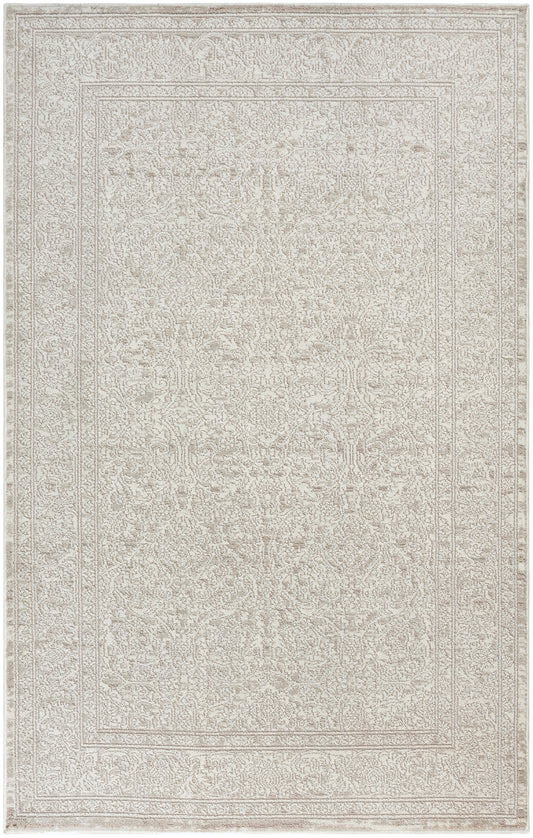 Rectangular neutral beige area rug (5' x 7') with a faded traditional oriental motif in light cream tones.