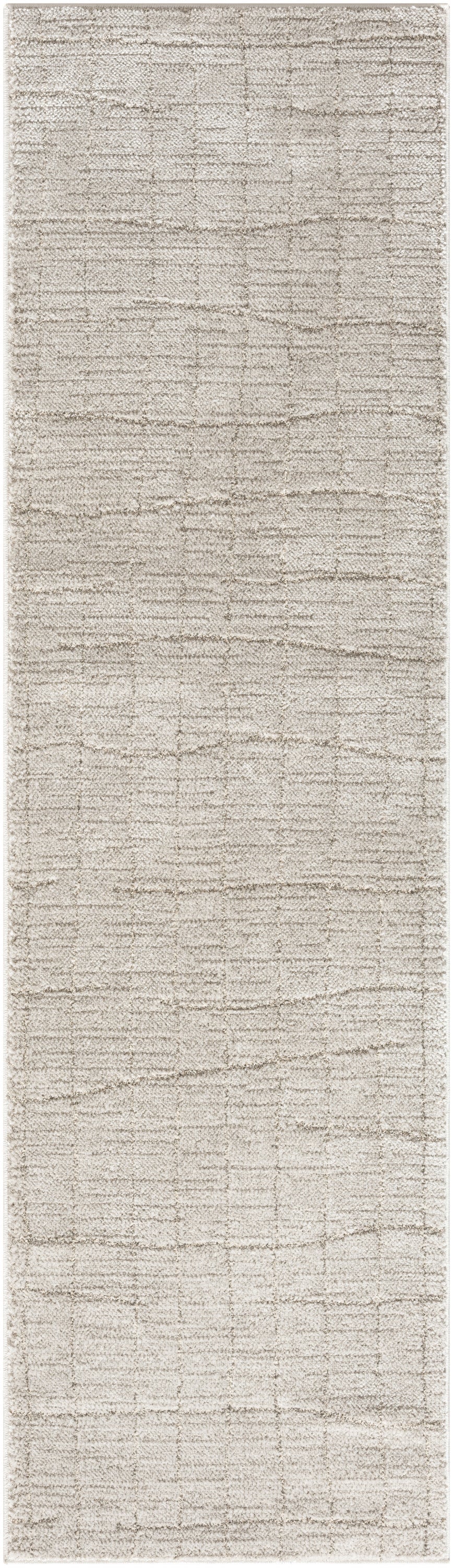 Beige textured rug runner with subtle horizontal lines; linen-like material.