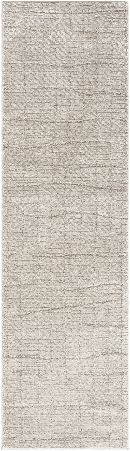 Beige textured rug runner with subtle horizontal lines; linen-like material.
