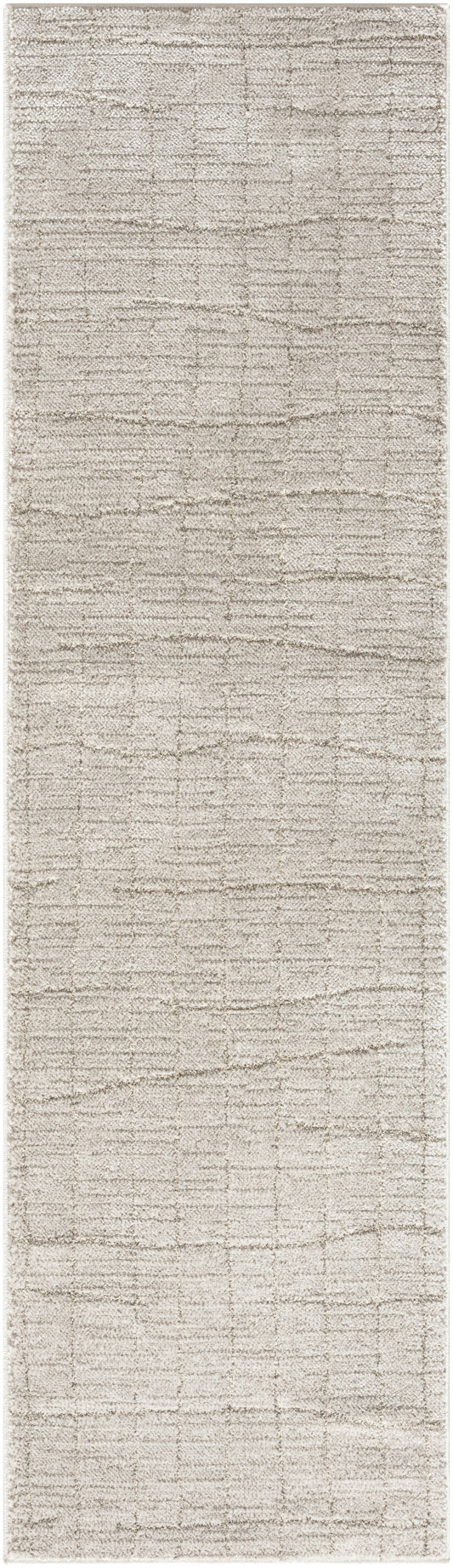 Beige textured rug runner with subtle horizontal lines; linen-like material.