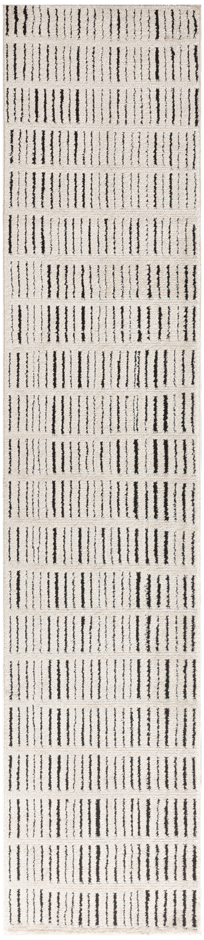 Beige tufted rug with repeating vertical black dashed stripes; long rectangular runner for modern interiors.