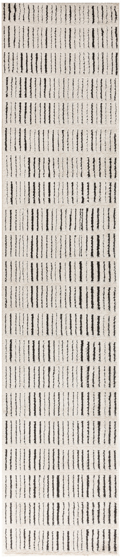 Beige tufted rug with repeating vertical black dashed stripes; long rectangular runner for modern interiors.