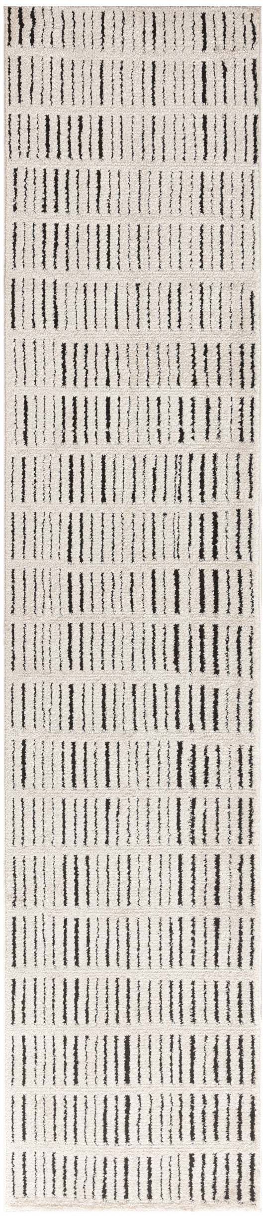 Beige tufted rug with repeating vertical black dashed stripes; long rectangular runner for modern interiors.