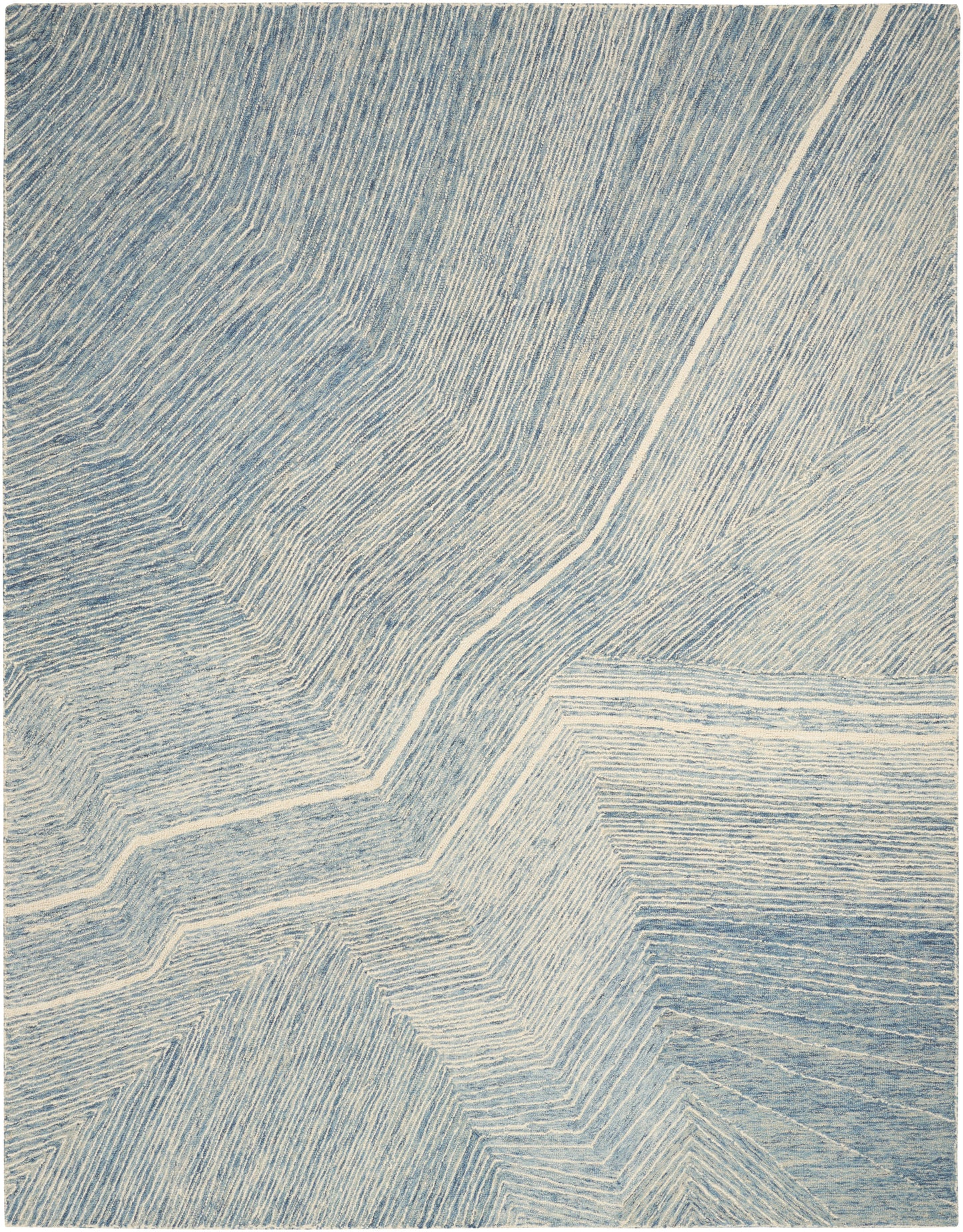 Blue and white abstract chevron pattern with layered linear textures; modern rug or wall decor.