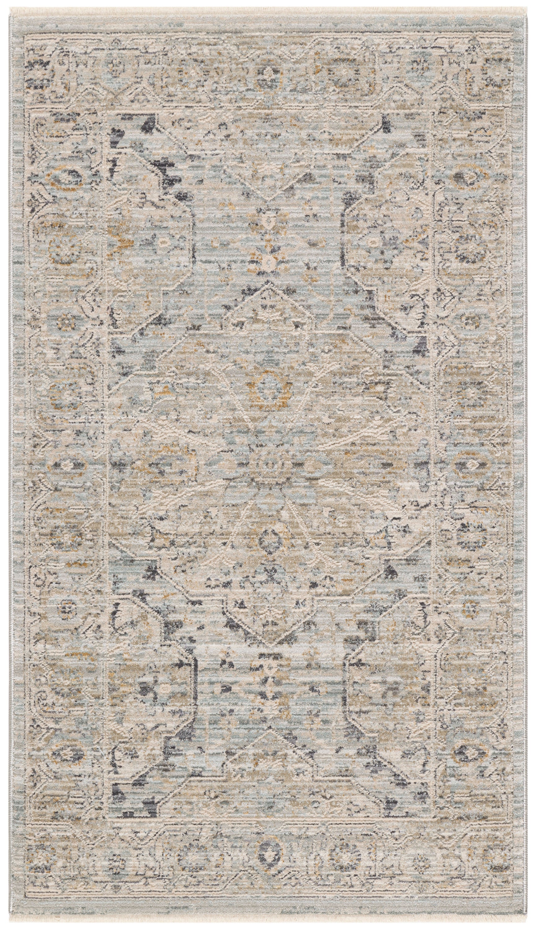 Rectangular distressed oriental area rug in pale blues, ivory, and beige with floral medallions and ornate border, vintage 3' x 5'.