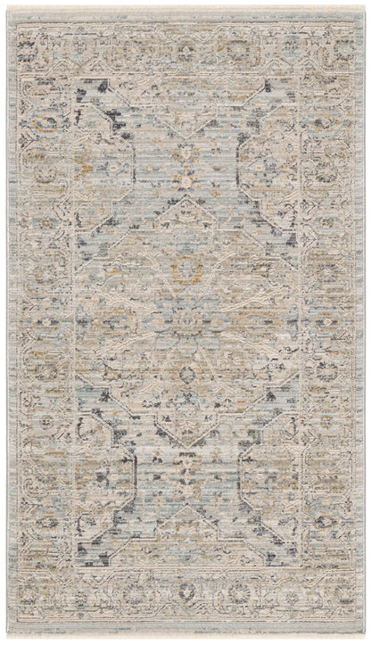 Rectangular distressed oriental area rug in pale blues, ivory, and beige with floral medallions and ornate border, vintage 3' x 5'.