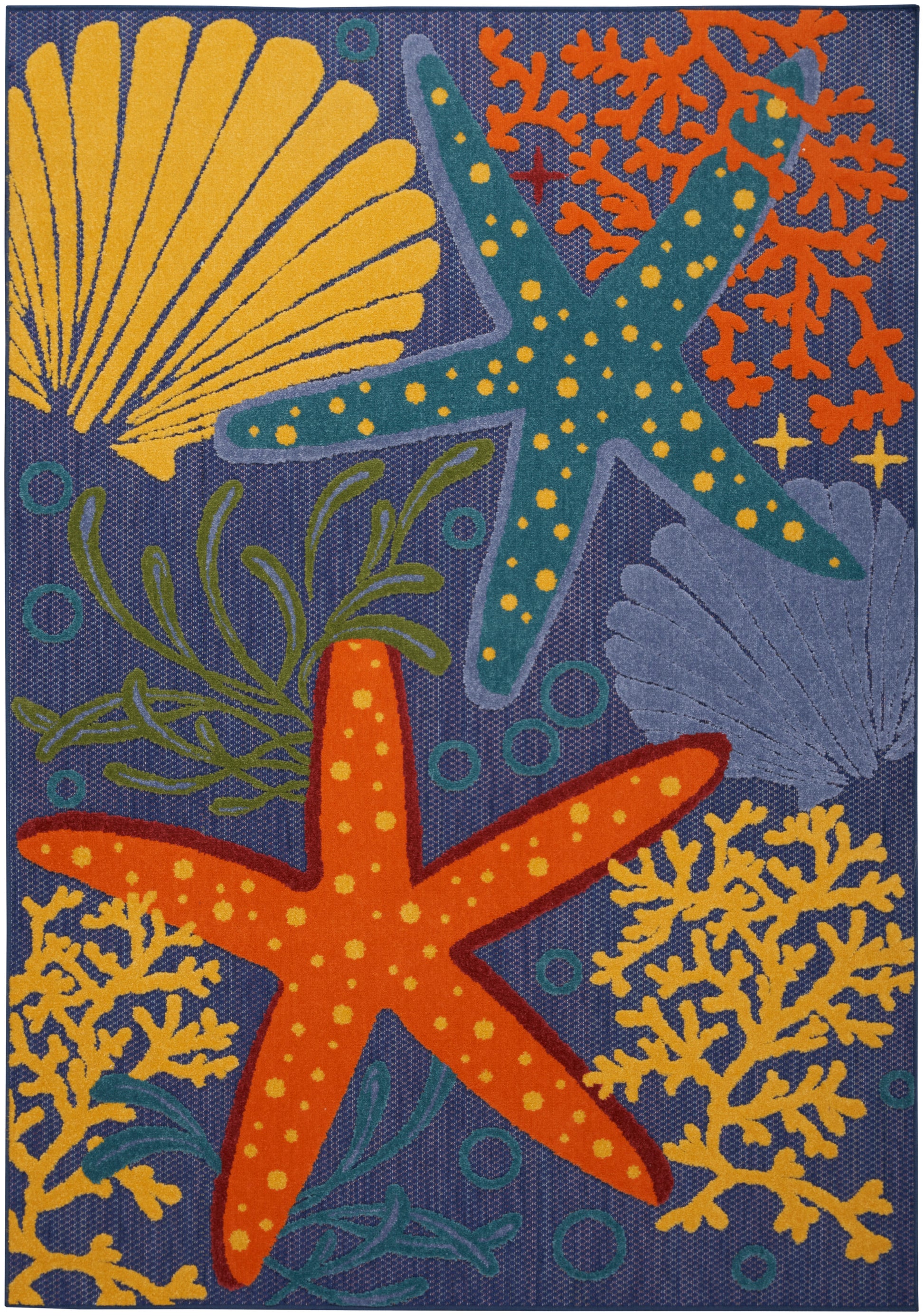 Colorful nautical rug with orange and teal starfish, yellow coral, purple shells, and green seaweed on navy background.