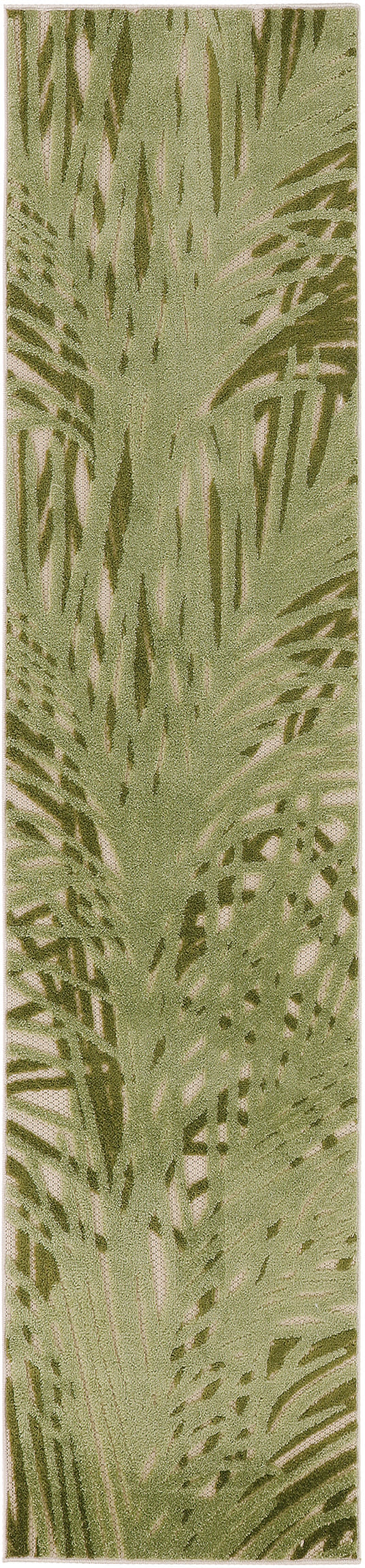 Green palm-leaf patterned rug runner in olive and beige tones, textured surface.