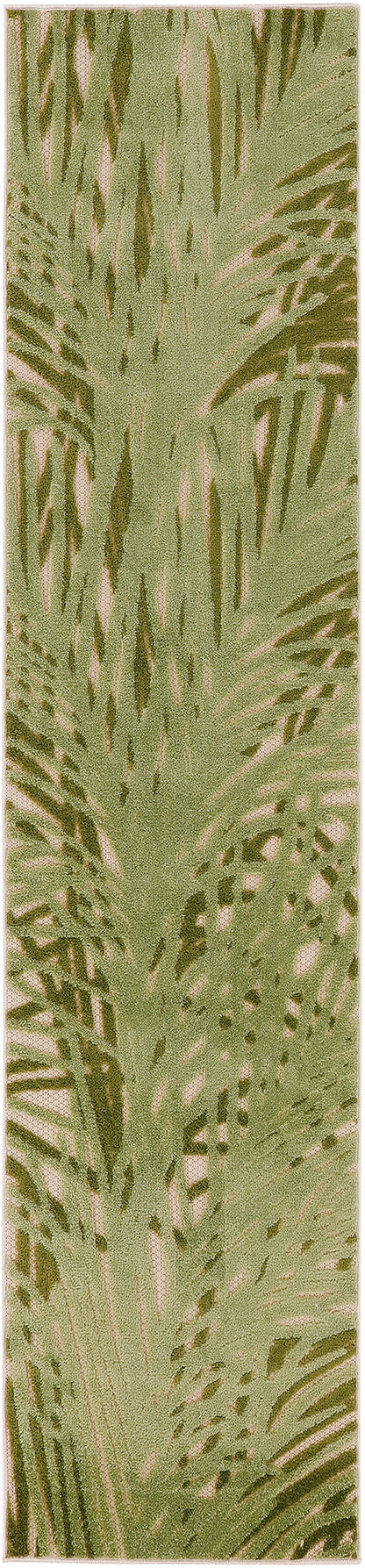 Green palm-leaf patterned rug runner in olive and beige tones, textured surface.