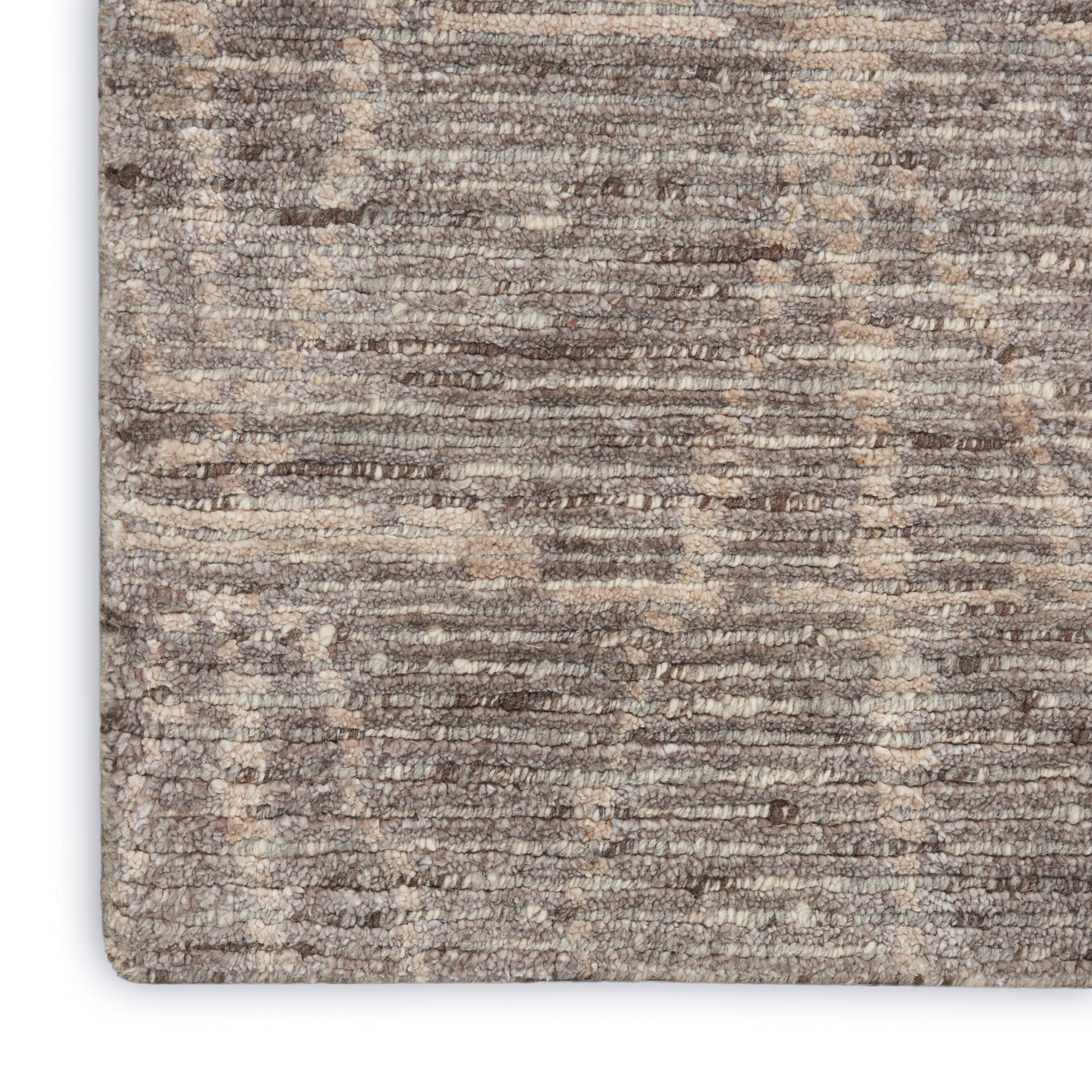 Gray-brown textured area rug with subtle beige horizontal stripes, soft low-pile, modern rectangular design.