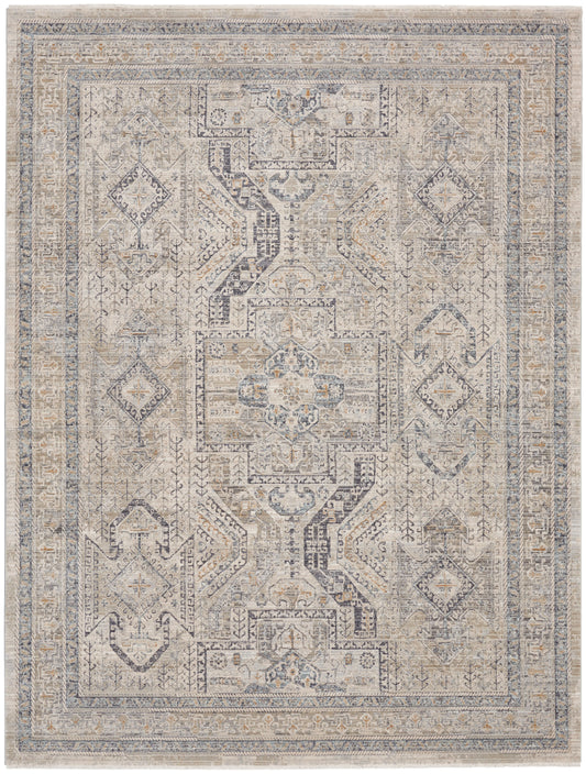 Muted beige-blue distressed oriental area rug with central medallion and geometric border, vintage Persian-inspired.