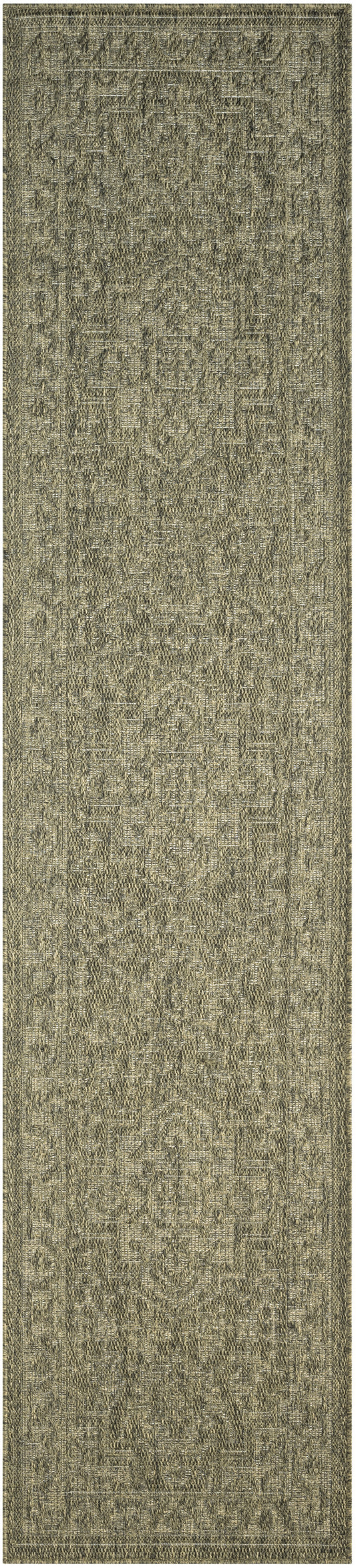 Distressed beige-gray oriental runner rug with ornate central medallion and decorative border.