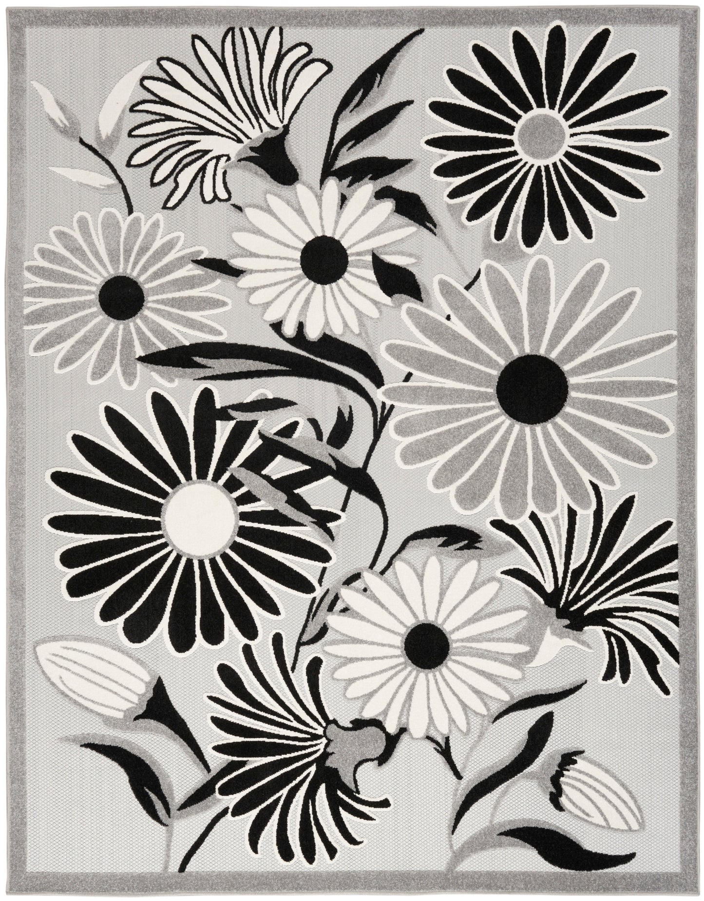 Gray floral area rug featuring large black-and-white daisies and a light gray border.