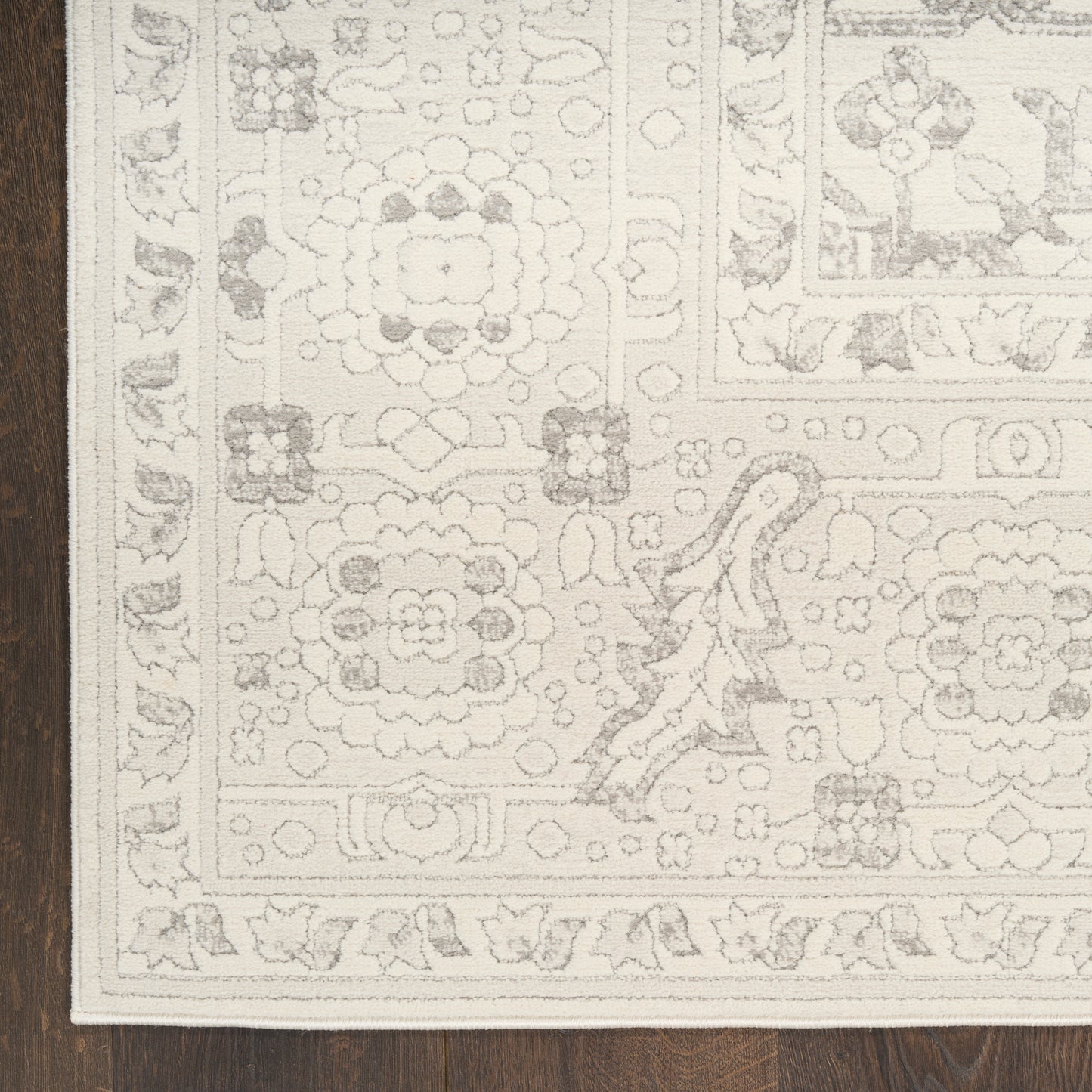 Cream area rug with ornate floral medallions and border on dark wood floor.