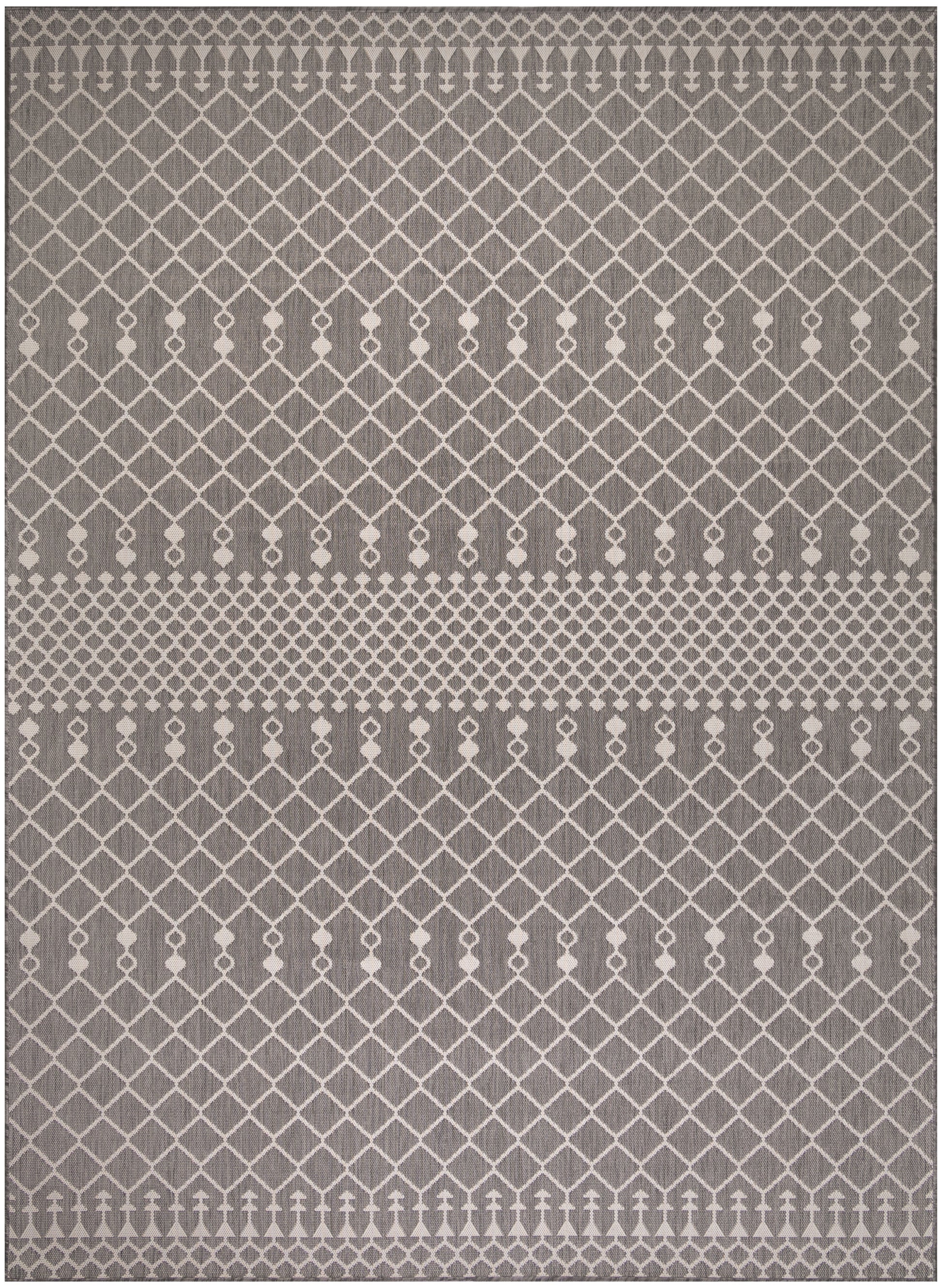 Gray area rug with cream geometric lattice diamonds and subtle dotted bands for a modern, stylish look.