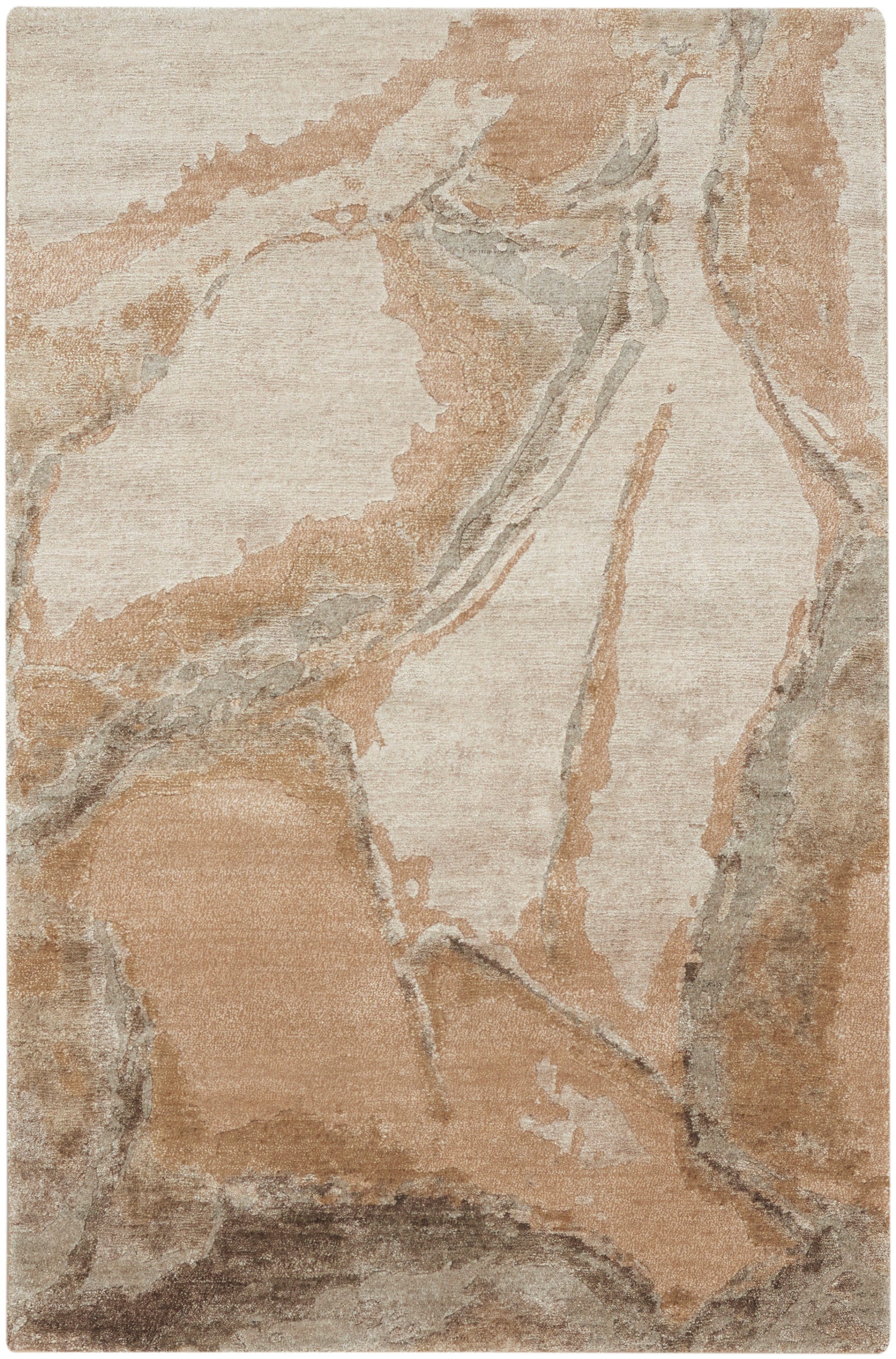 Rectangular area rug in beige, tan, and gray with a marble-like abstract pattern.
