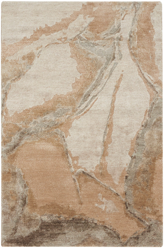 Rectangular area rug in beige, tan, and gray with a marble-like abstract pattern.