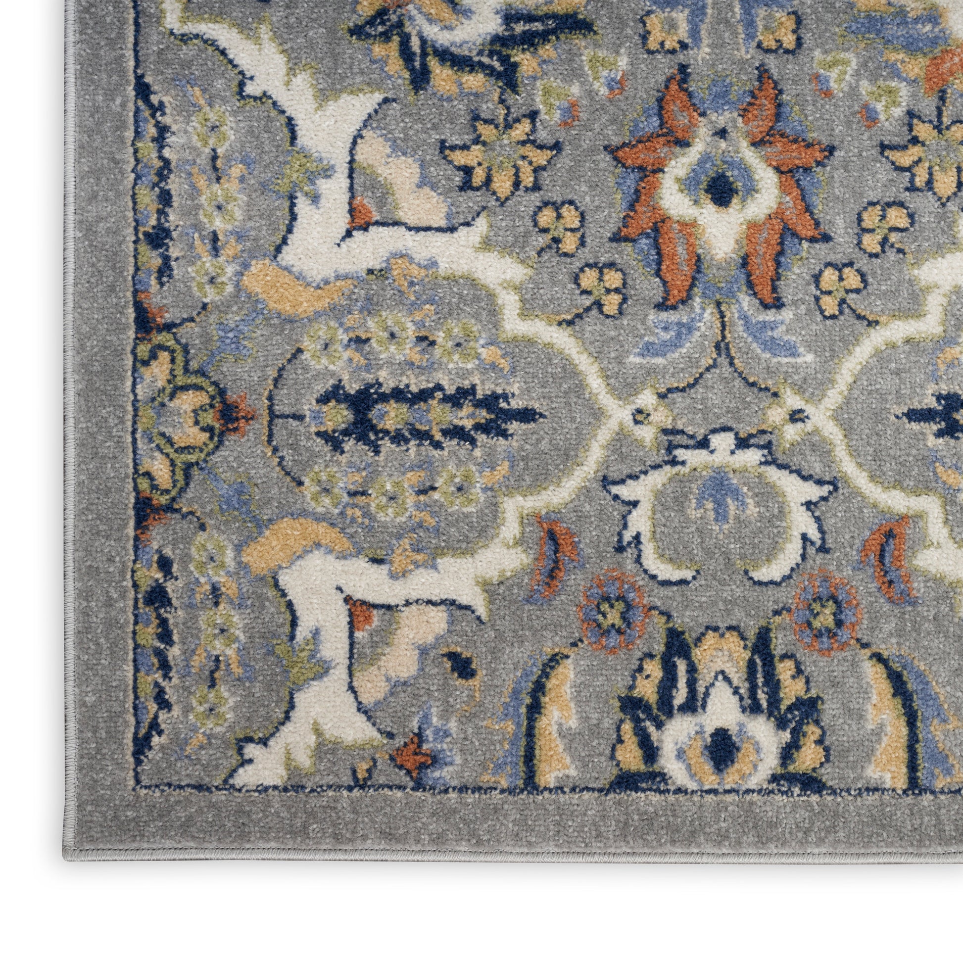 Close-up of a gray traditional rug with blue, ivory and rust floral medallion pattern and matching border.