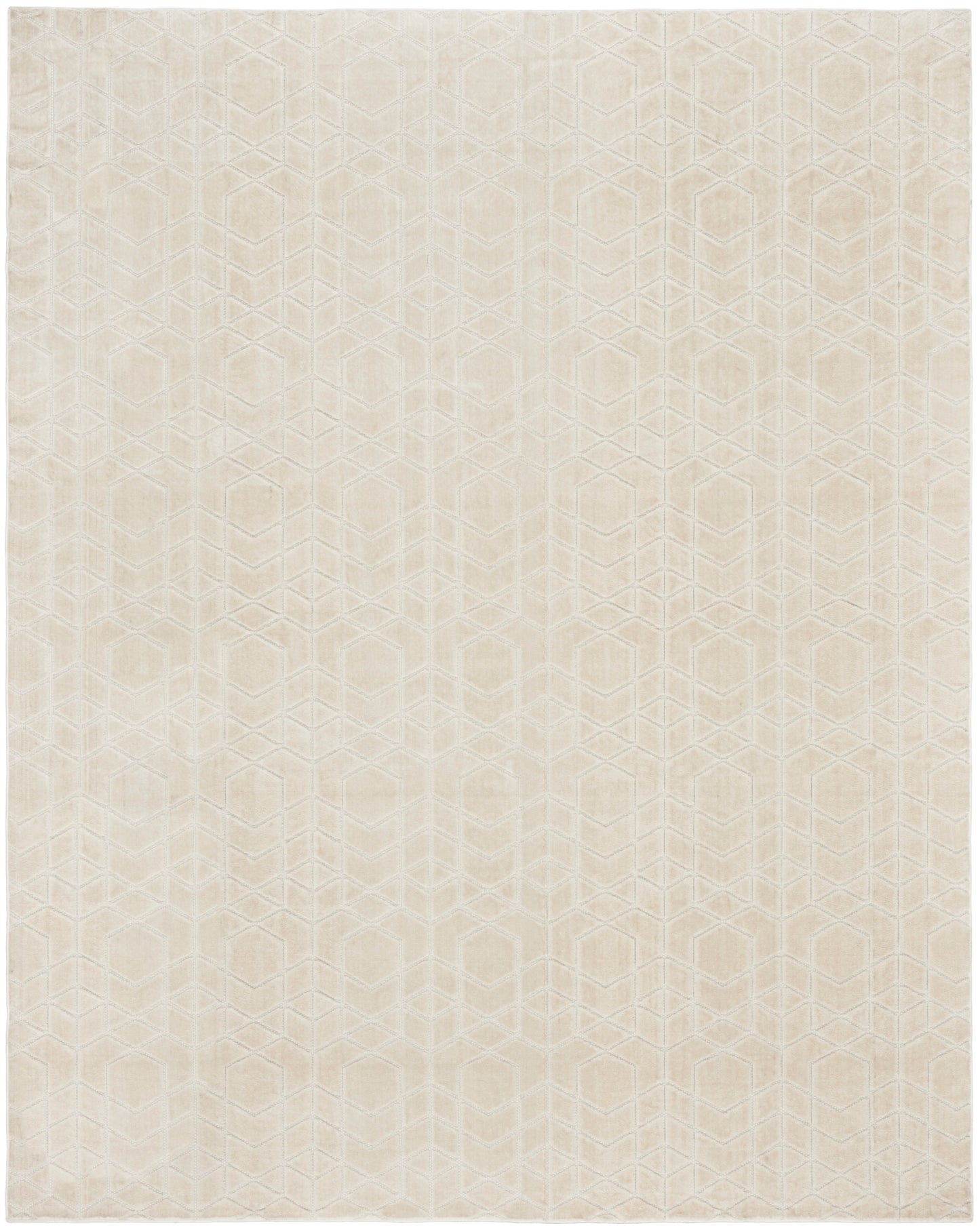 Light cream-beige rectangular rug with a subtle geometric hex pattern and woven texture; neutral and versatile; 9' x 12'.