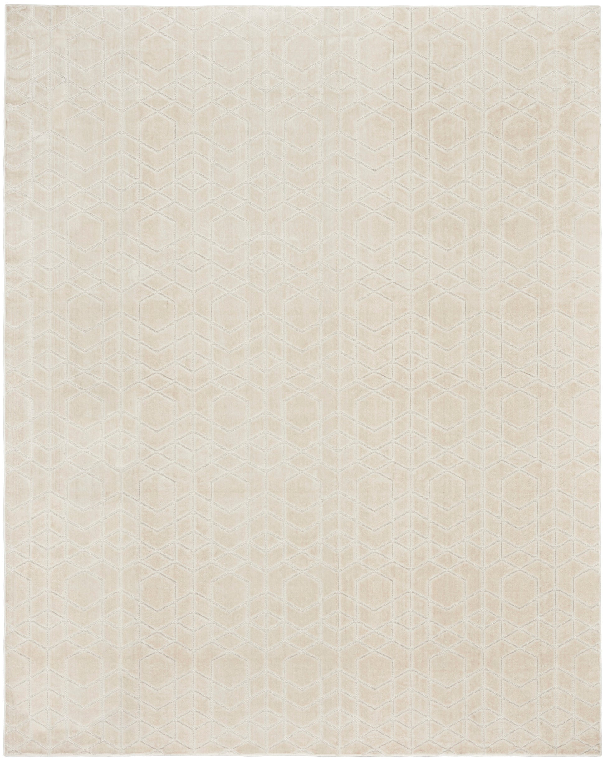 Light cream-beige rectangular rug with a subtle geometric hex pattern and woven texture; neutral and versatile; 9' x 12'.