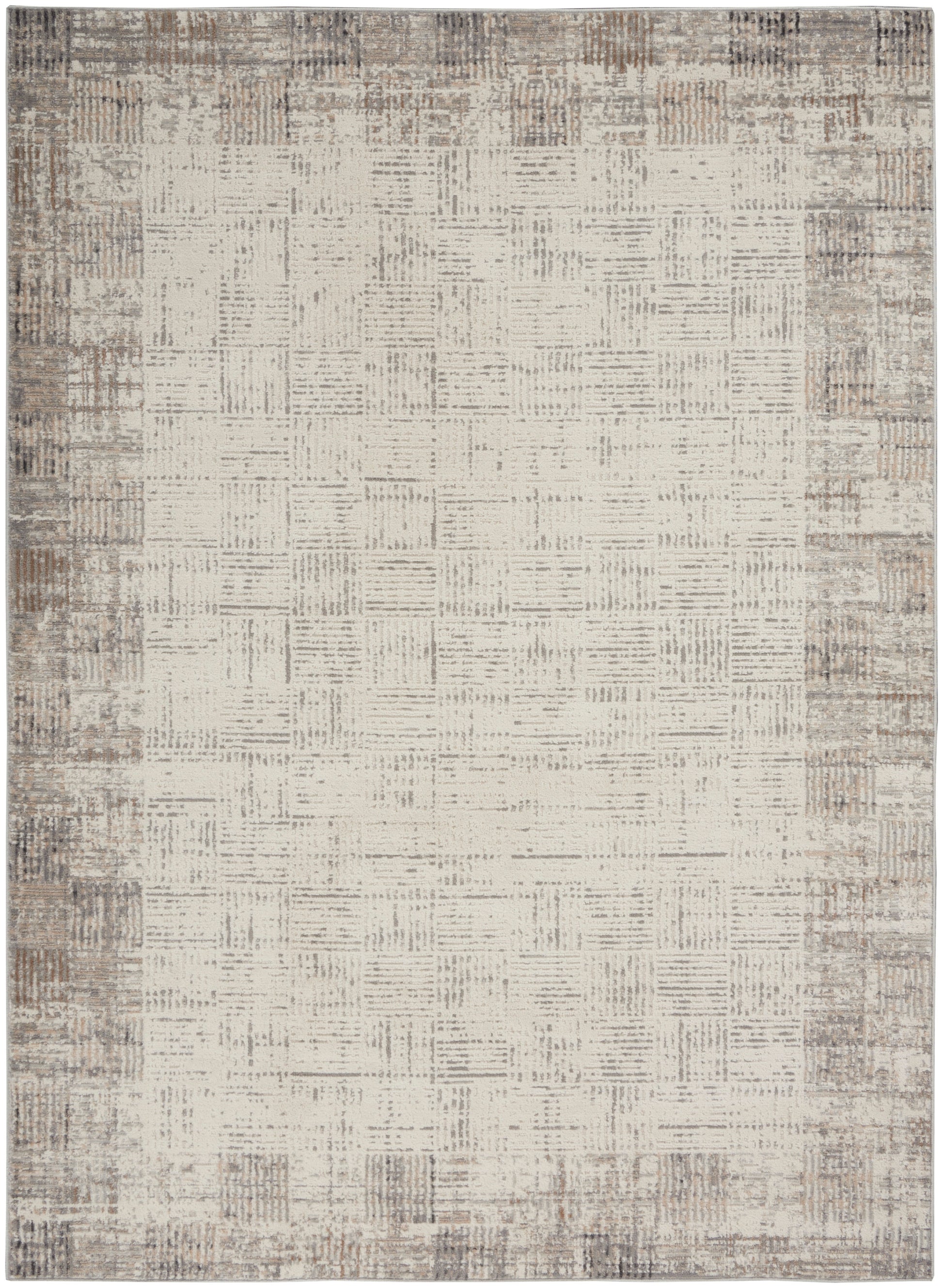 Neutral area rug with cream center and taupe distressed border; modern textured flatweave.