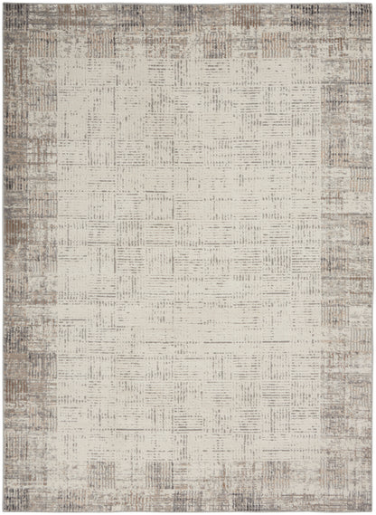 Neutral area rug with cream center and taupe distressed border; modern textured flatweave.