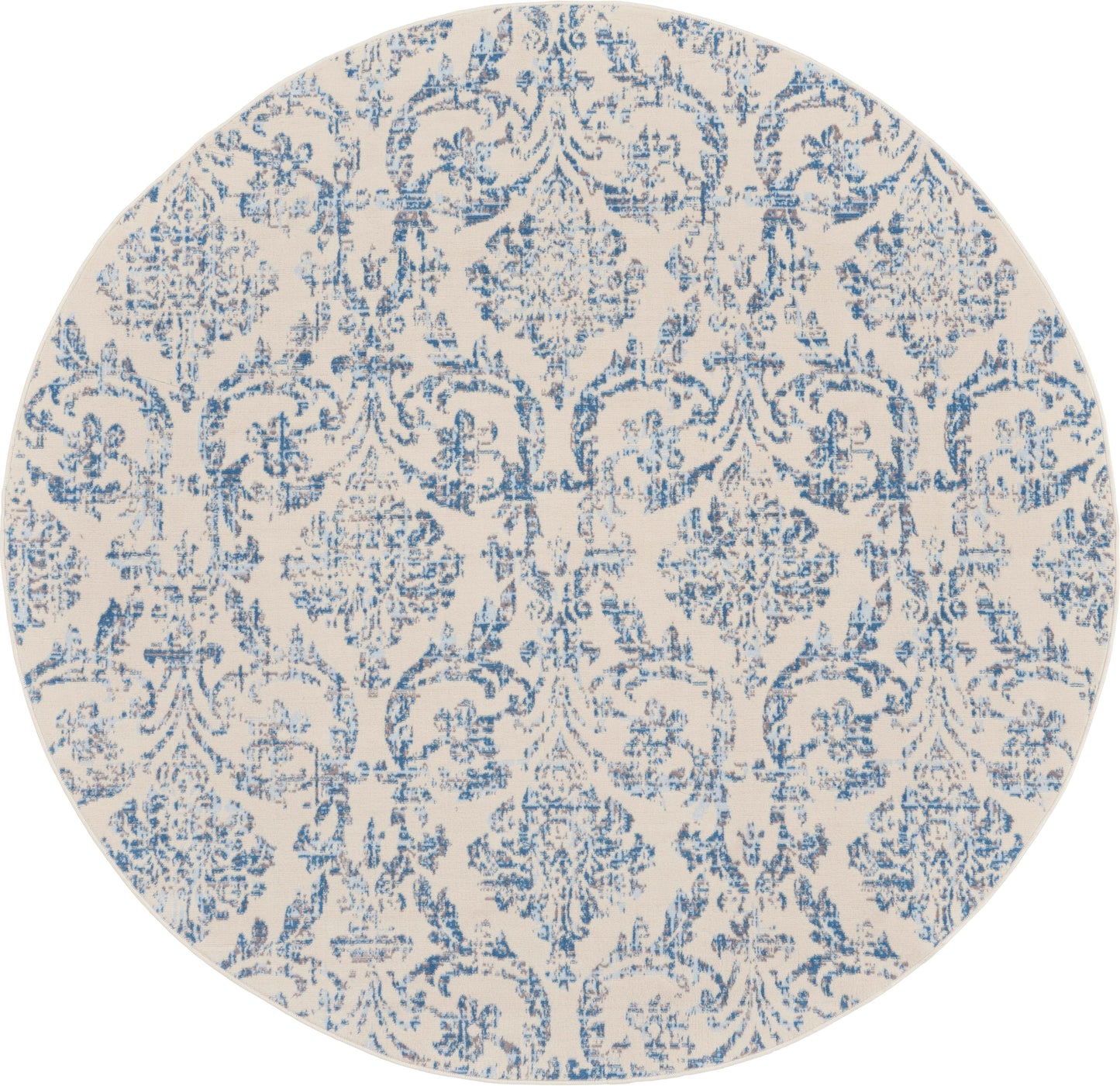 Round beige area rug with blue damask floral pattern and ornamental scrollwork.