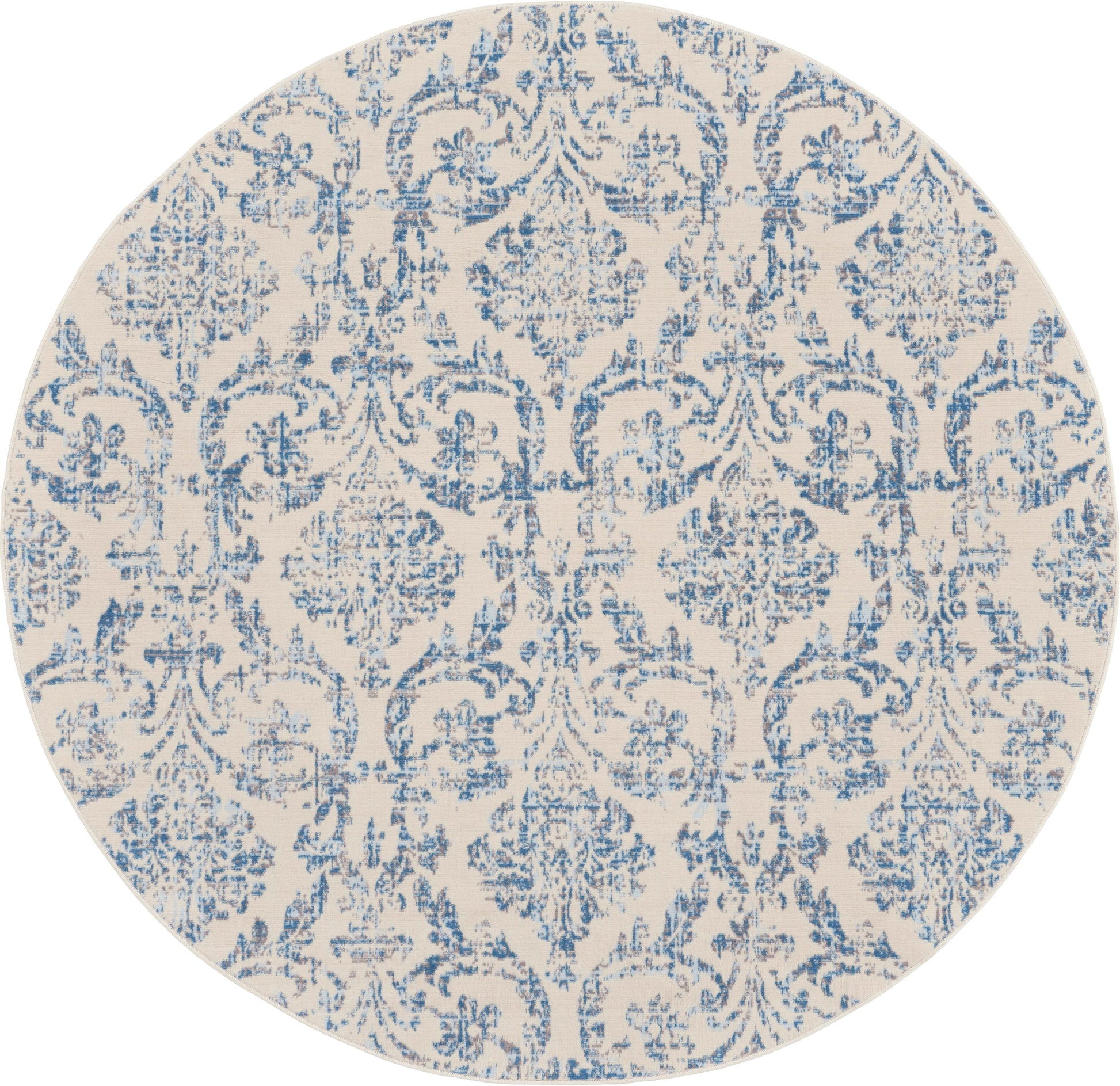 Round beige area rug with blue damask floral pattern and ornamental scrollwork.