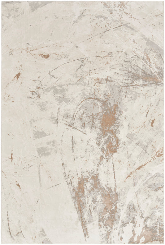 Abstract distressed rug pattern in off-white with tan-brown patches; rustic, weathered look.