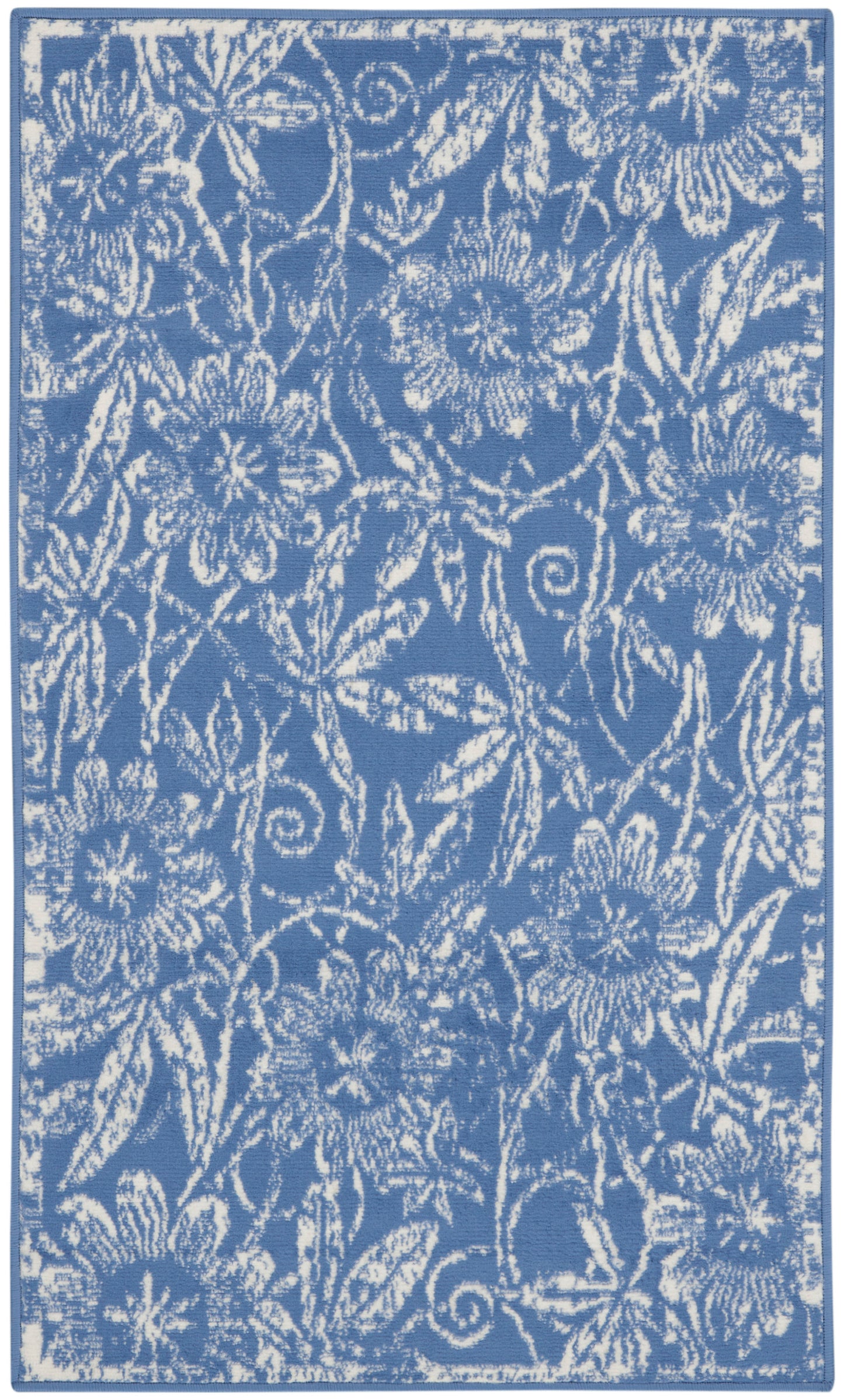 Blue rug with white floral damask pattern and decorative border; rectangular home decor.
