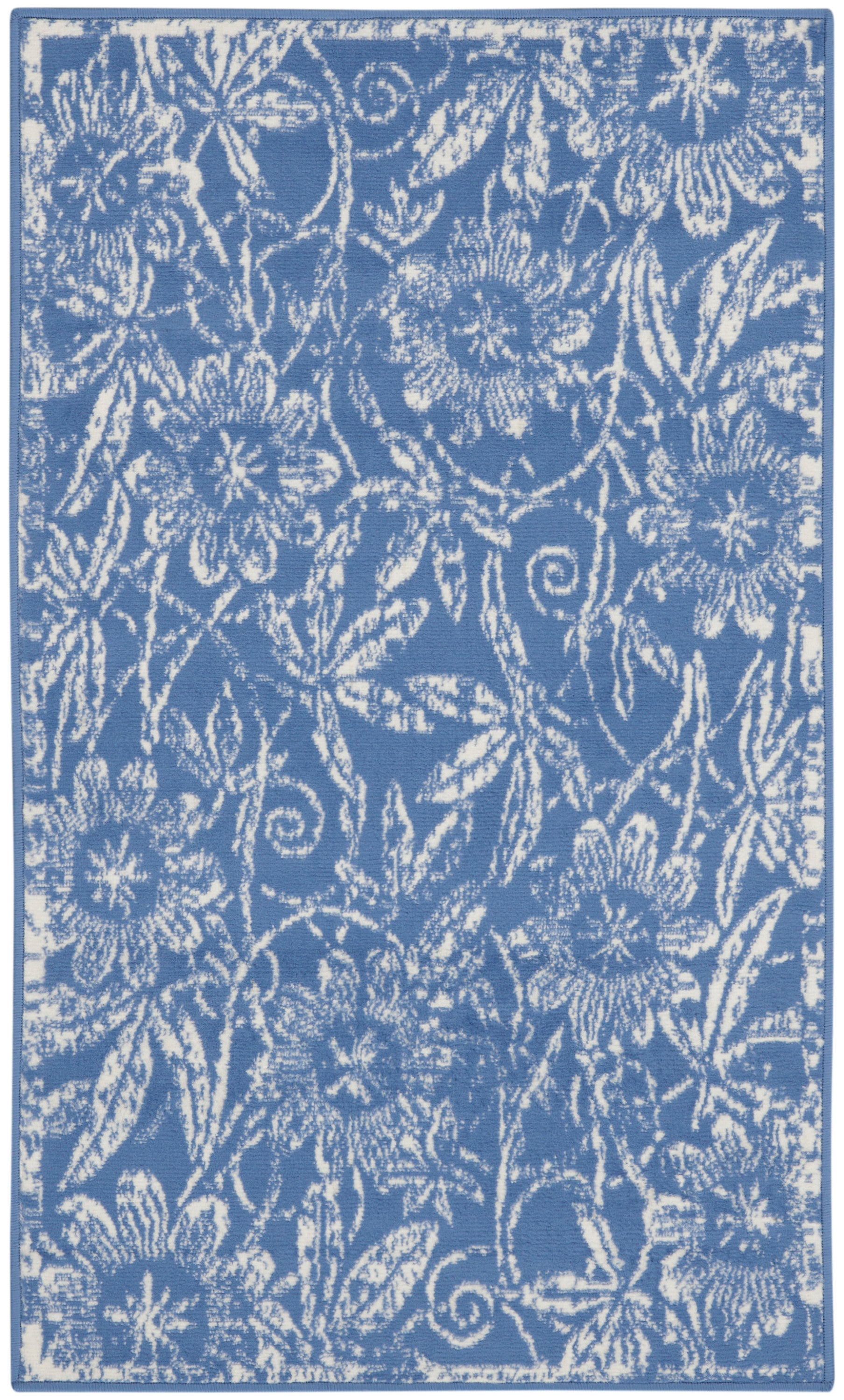 Blue rug with white floral damask pattern and decorative border; rectangular home decor.
