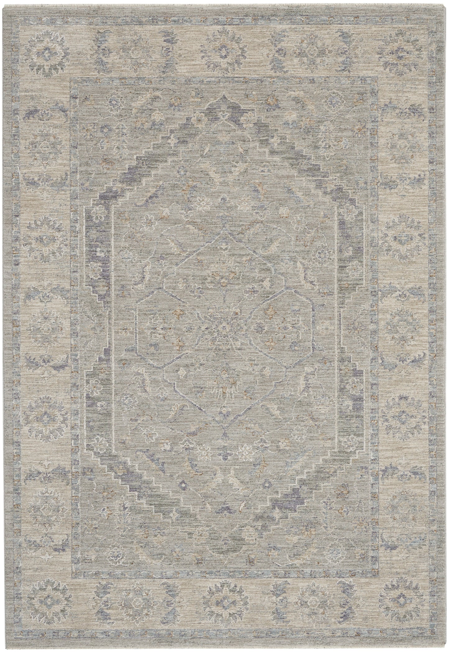 Distressed vintage-style oriental rug in ivory-gray with pale blue border, central medallion and floral motifs.