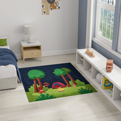 Colorful forest campsite rug with green trees, brown trunks, a red tent and campfire on a dark blue night sky.