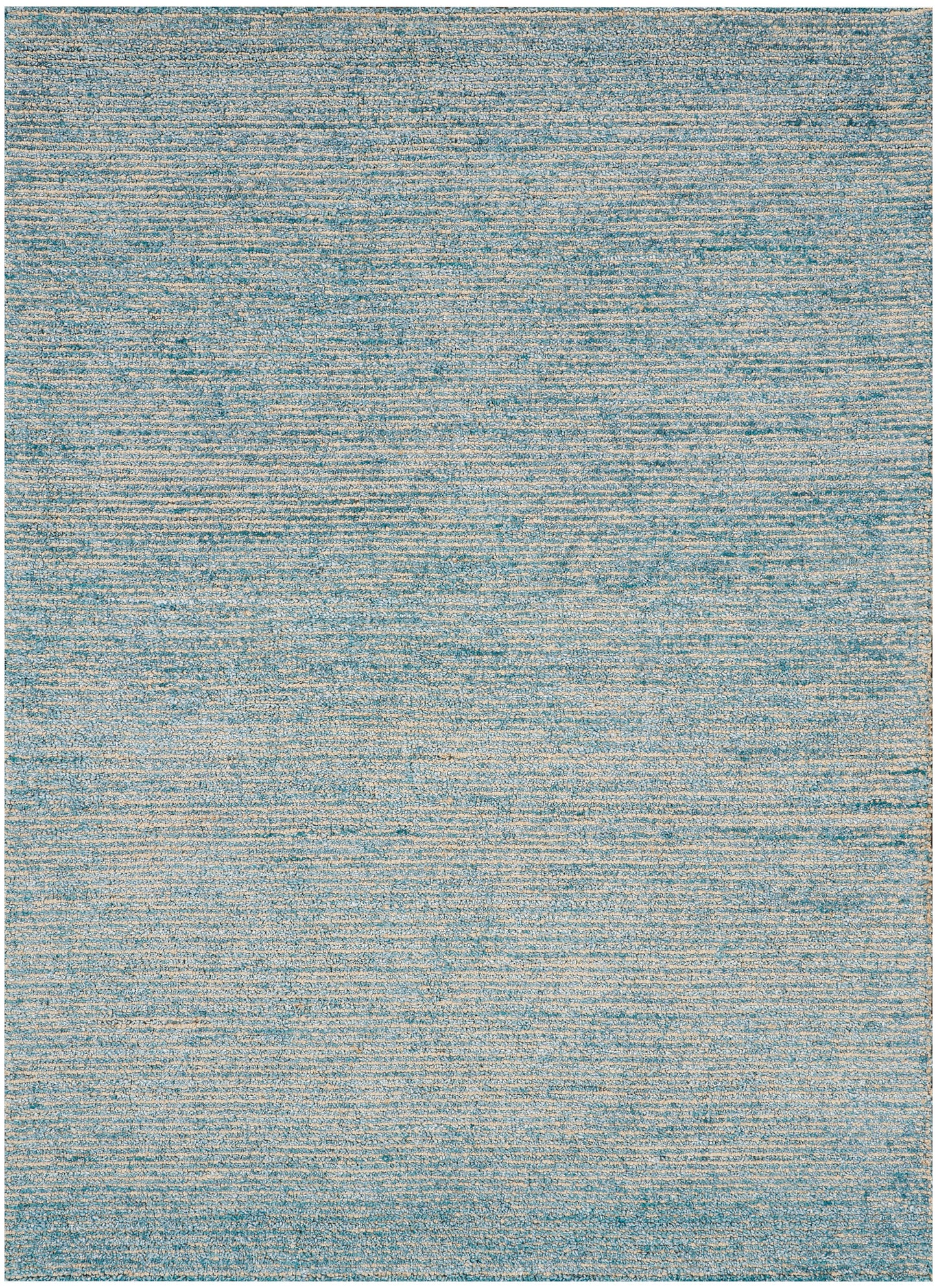 Blue gradient woven rug with subtle horizontal stripes & soft, muted tones.