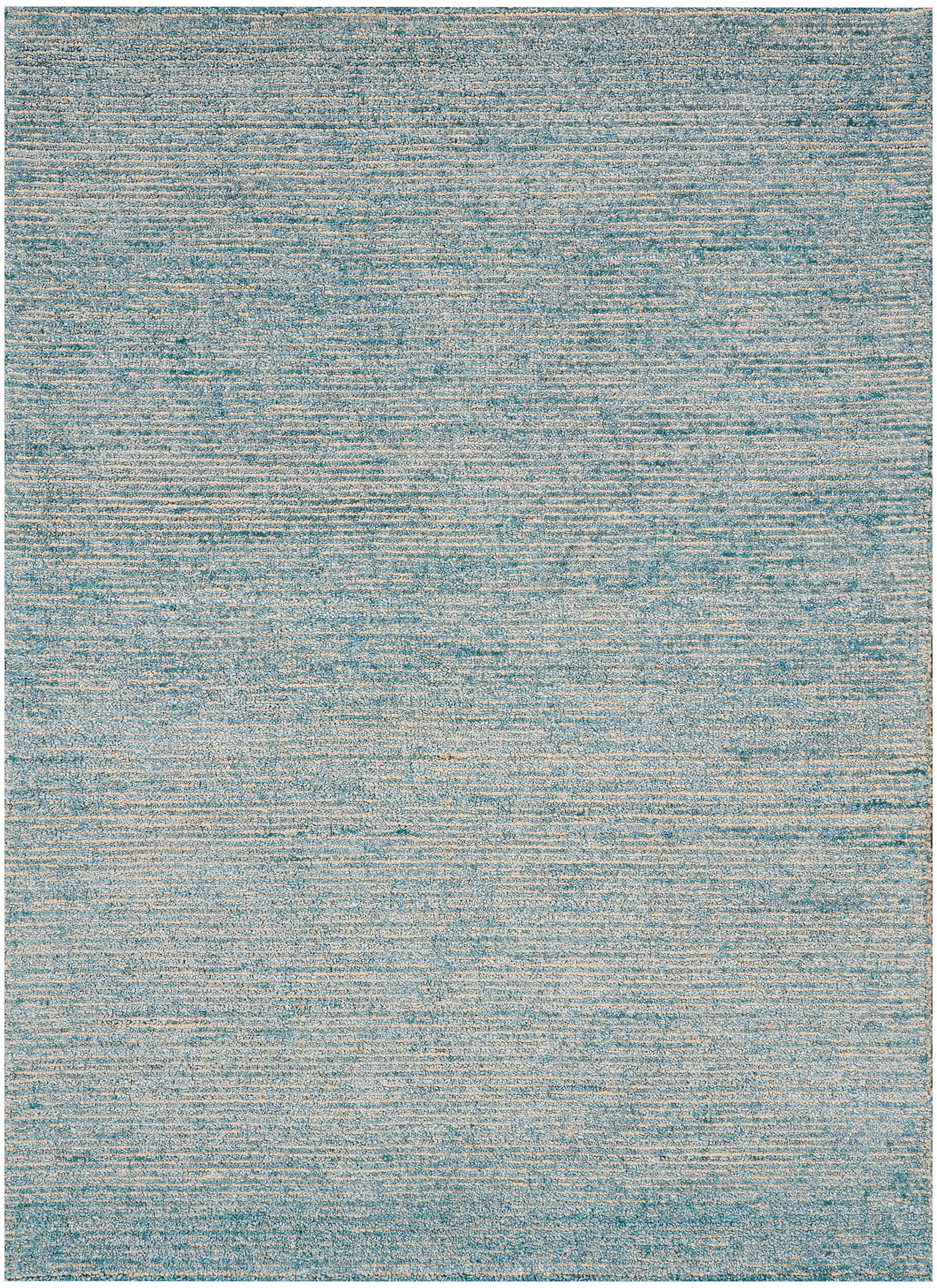 Blue gradient woven rug with subtle horizontal stripes & soft, muted tones.