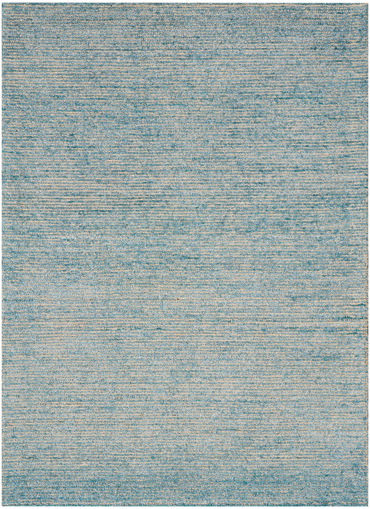 Blue gradient woven rug with subtle horizontal stripes & soft, muted tones.